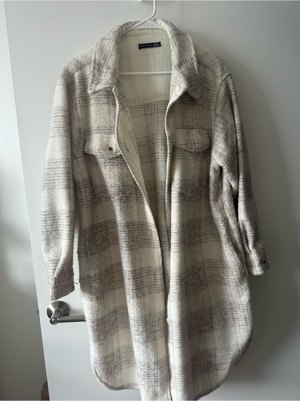 Black Tape_ Cream Plaid Teddy Shacket Jacket